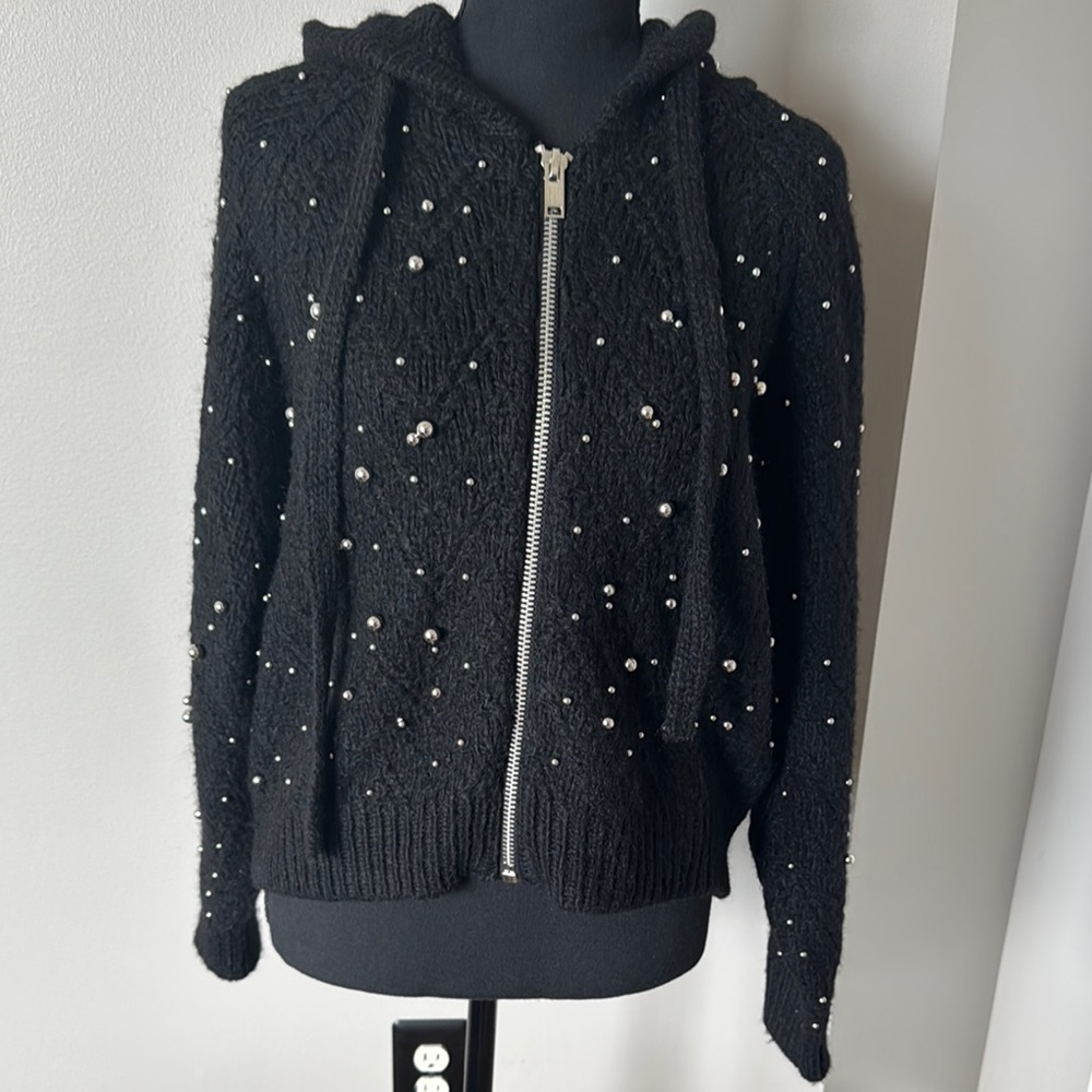 Zara Black Pearl-Embellished Zip-Up Hoodie